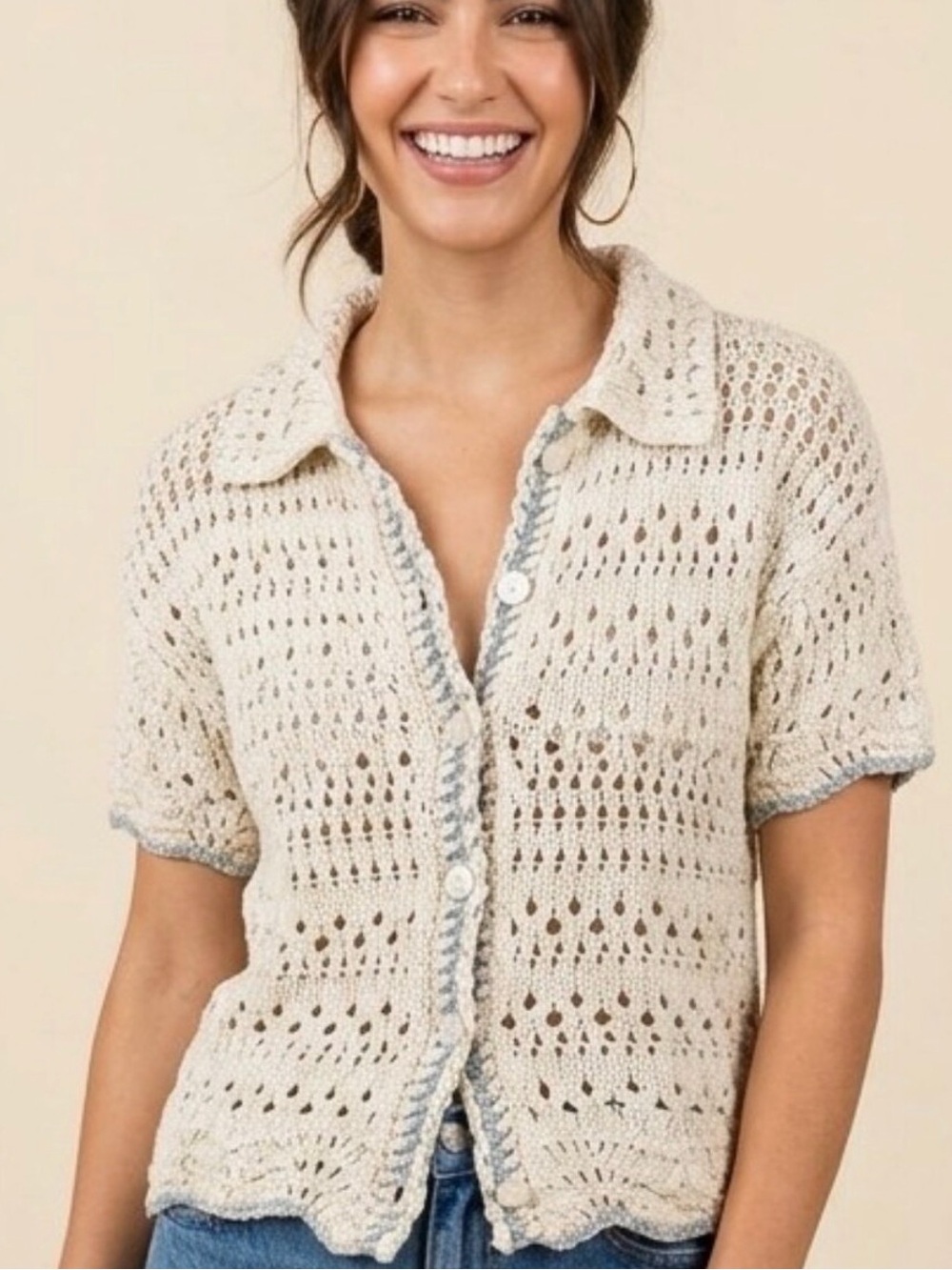 Free People Cream Crochet Short-Sleeve Cardigan with Light Blue Trim